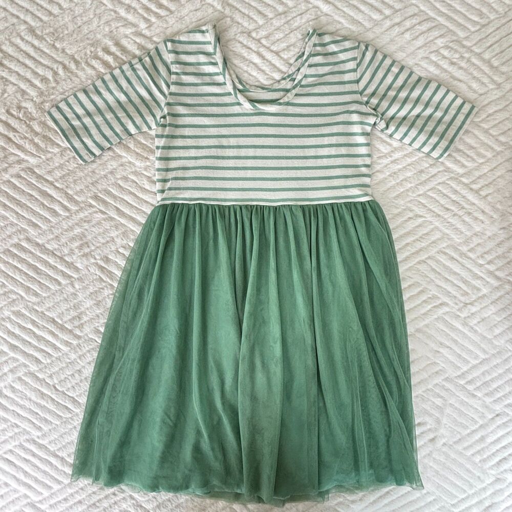 Hanna Andersson Girls Size 5 Green Stripe Tulle Twirl Dress Short Sleeve - Picture 2 of 7